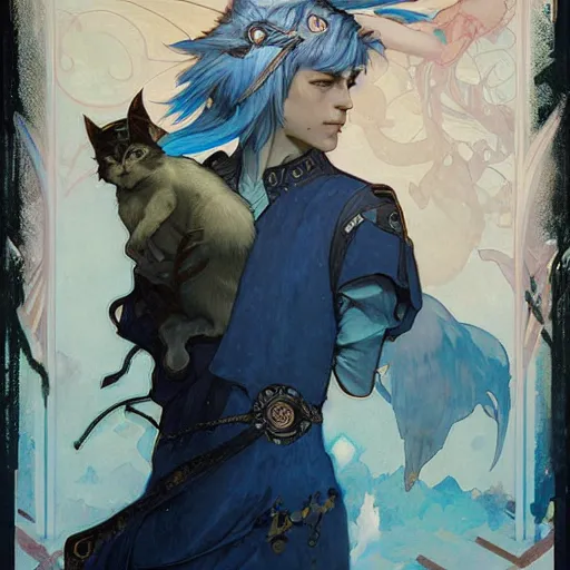 Prompt: Portrait of a pretty fantasy catboy with blue hair and cute small cat ears. Art by Greg Rutkowski and Alphonse Mucha