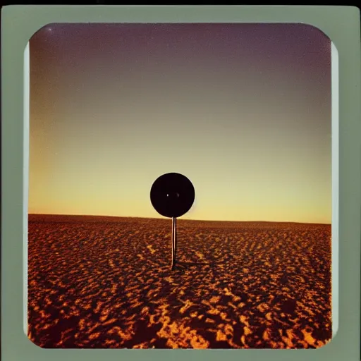 Prompt: a big metal disk over a the desert at night, distant!!, historical photo, old polaroid, expired film,