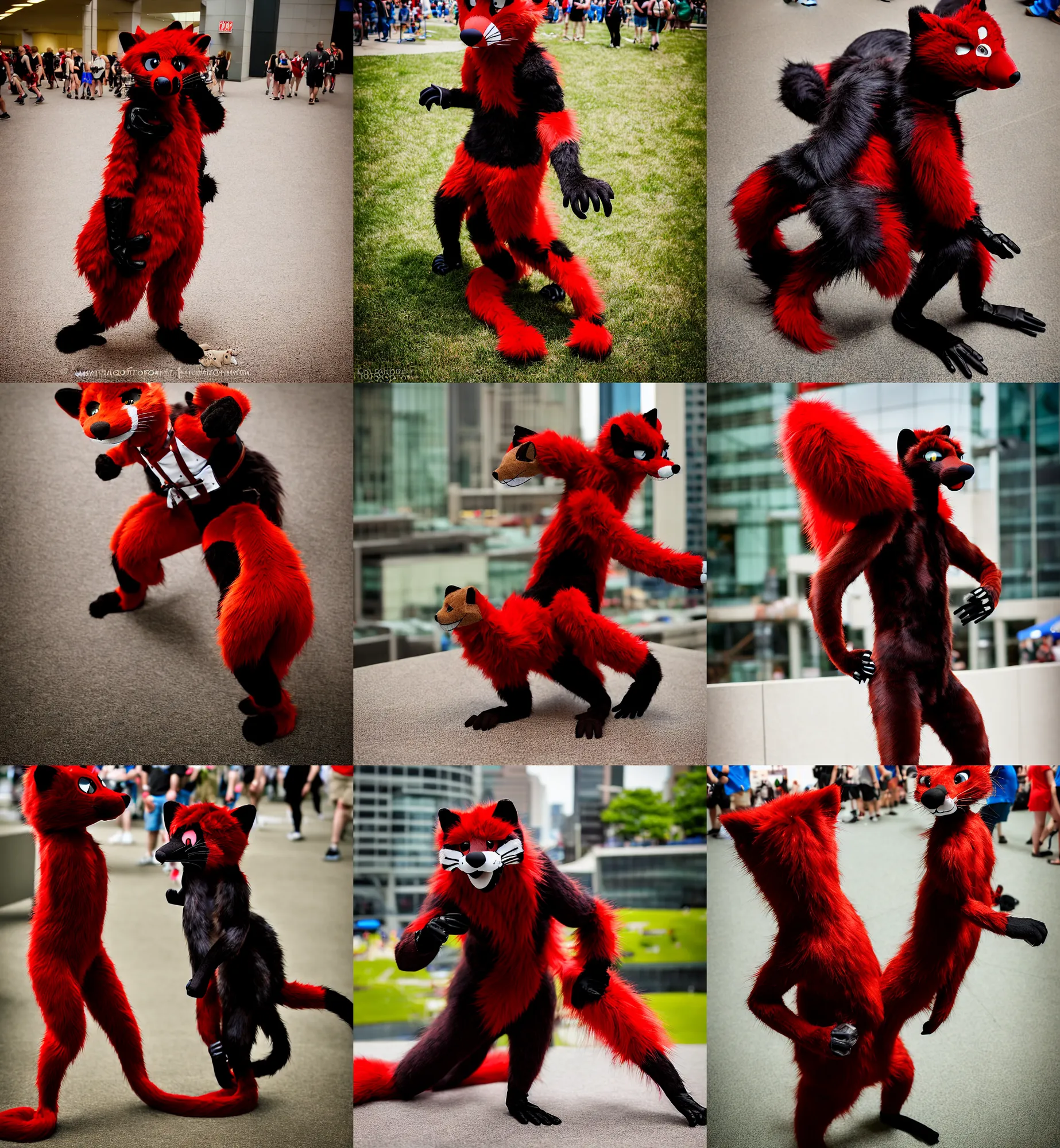 Image similar to fullbody photoshoot photo portrait of a roguish male red - black furred weasel furry fursuiter ( tail attached ), taken at anthrocon ( furry convention )