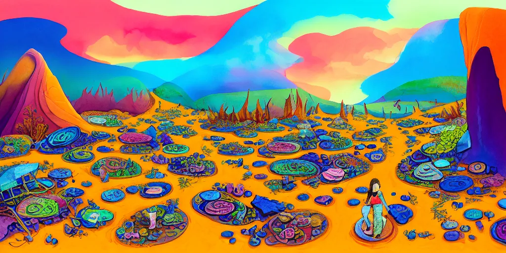 Prompt: Why am I me when I could have been anyone else? Introspective meandering, a vibrant gouache fantasy painting, walking along the endless road through an unusual biome. Natural palette, Unearthly landscape. Realistic photography. A small traveling group of friends in a dream-like world. I've been to this market before, it wasn't such a junkyard in the past.