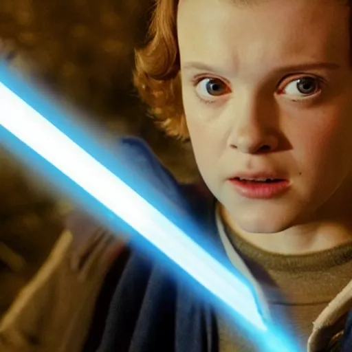 Prompt: a still of eleven from stranger things in star wars: revenge of the sith, holding an activated lightsaber