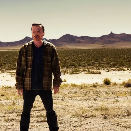 Image similar to Live Action Still of Bryan Cranston dressed as and playing Jesse Pinkman in Breaking Bad, real life, hyperrealistic, ultra realistic, realistic, highly detailed, epic, HD quality, 8k resolution, body and headshot, film still