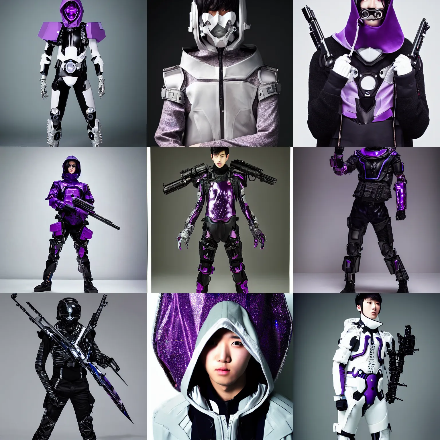 Prompt: male ulzzang with white sci - fi tactical gear and hood, black cybernetic enhancements, purple crystal glass inlays, full shot fashion photography, by irving penn and storm thorgerson, ren heng