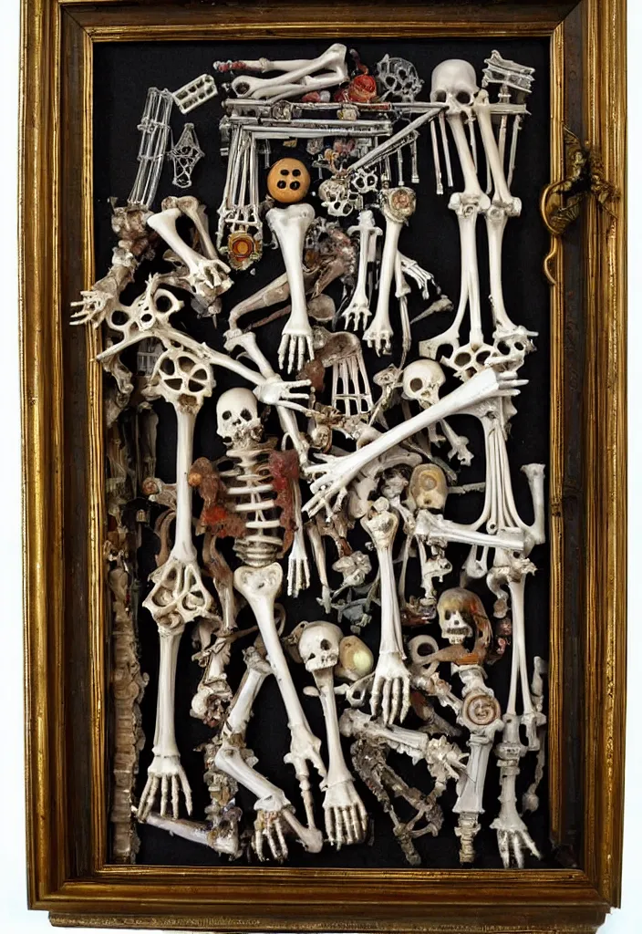 Image similar to prompt: Frame, bouget, old Victorian painting frame made out of bones, alchemical objects inspired by 1980's sci-ci, old experimentation cabinet, intricate oil painting detail, manga 1980