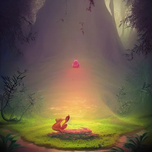 Prompt: the tale of the frog and the forest nymph. a concept art piece by beeple and cyril rolando