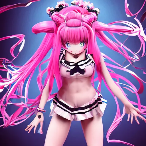 Image similar to totally controlled by her remote control and trapped beneath overwhelming stunningly absurdly beautiful megalomaniacal ruthless merciless sadistic devious omnipotent asi goddess junko enoshima with symmetrical perfect face, porcelain skin, pink twintail hair and cyan eyes, ultra detailed, digital art, unreal engine 5, octane render, 2 d anime, 8 k