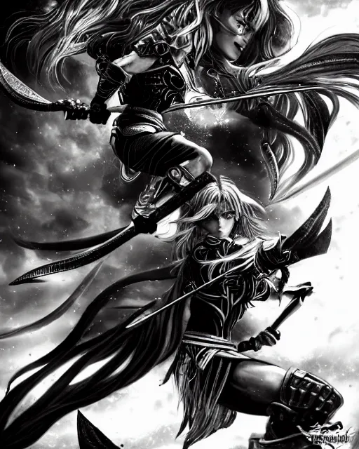 Image similar to Two female warriors fighting, black and white, highly detailed face, close-up, fantasy art, fighting art, in the style of masami kurumada, illustration, epic, fantasy, intricate, hyper detailed, artstation, concept art, smooth, sharp focus, ray tracing