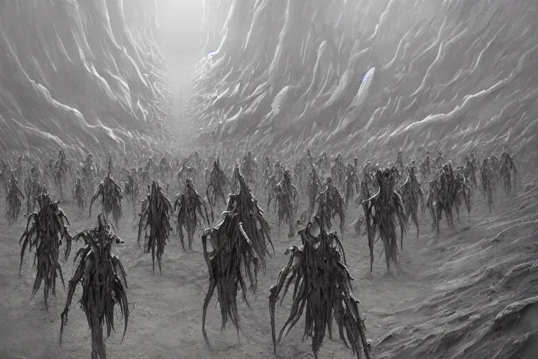 Prompt: army of bones forming, prophecy, moody, amazing concept painting, art station, by Jessica Rossier and HR giger and Beksinski, the middle of a valley; it was full of bones, bones that were very dry, there was a noise, a rattling sound, and the bones came together, bone to bone , I looked, and tendons and flesh appeared on them and skin covered them, but there was no breath in them and breath entered them, they came to life and stood up on their feet a vast army