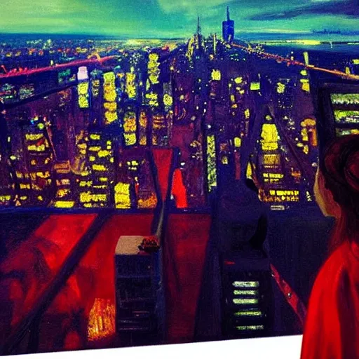 Prompt: “ a girl looking down at a futuristic new york city below, cyberpunk, detailed face, wearing red dress, oil painting, by george bellows ”