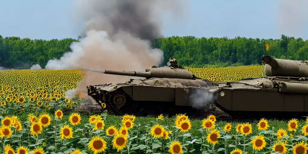 Prompt: russian tank burning in the middle of sunflower field, blue sky