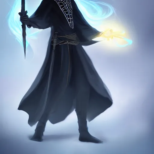 Image similar to Young, handsome wizard with a blonde ponytail wearing exquisite black robes, a spider cloak and wielding a legendary staff of light. Magic flux. High fantasy, digital painting, HD, 4k, detailed.