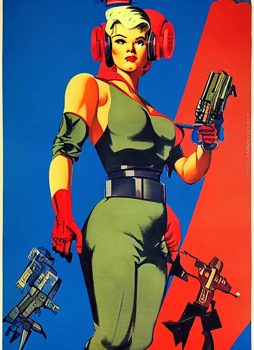 Prompt: soviet propaganda poster. cyberpunk hitwoman. portrait by jean giraud and anton otto fischer and john philip falter and will eisner and gil elvgren
