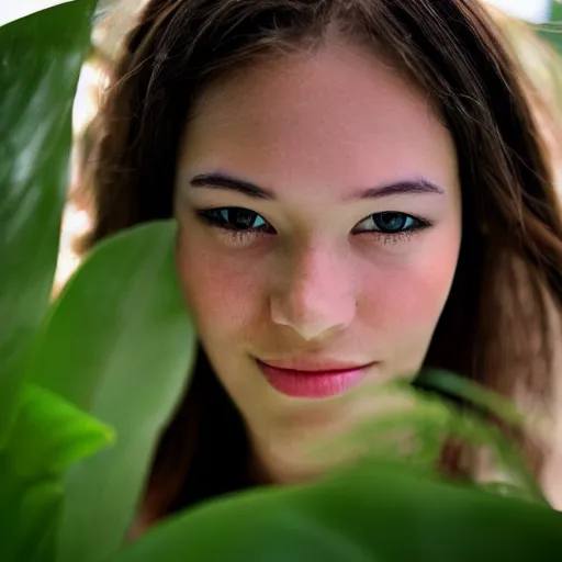 Image similar to a very beautiful!! young woman is posing for a photograph, petzval lens. symetric face. sharp face. in a tropical greenhouse. featured on flickr, art photography, photo taken with provia,