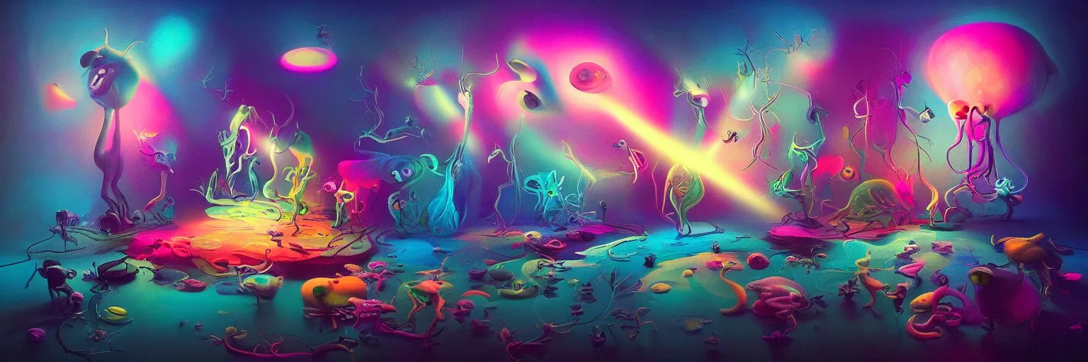 Image similar to whimsical microscopic imaginal creatures from the depths of the collective unconsciouis, dramatic lighting light rays, surreal darkly colorful painting by ronny khalil