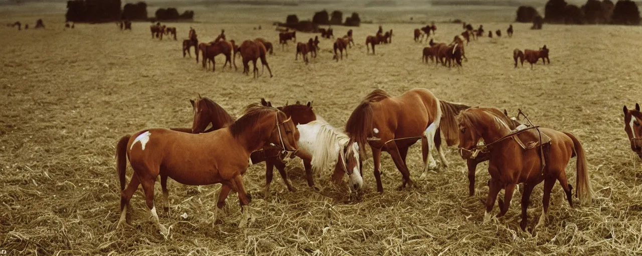 Prompt: horses eating spaghetti, battle of the somme, world war 1, canon 5 0 mm, kodachrome, in the style of wes anderson, retro