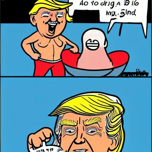 Image similar to tiny person is laughing and pointing at donald trump in a swimsuit. comic strip.
