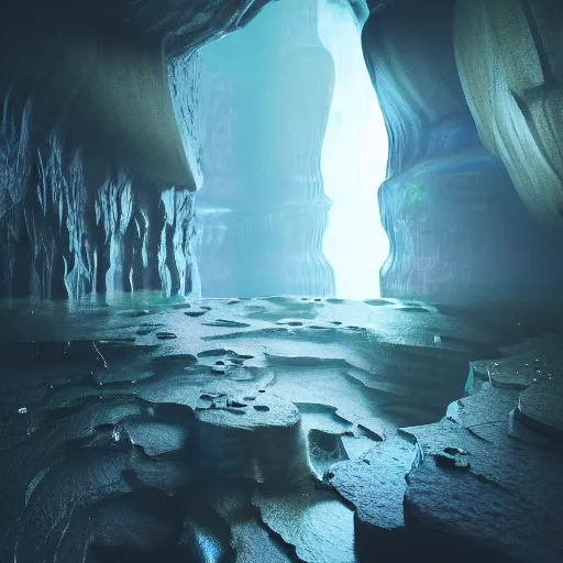 Image similar to light is mine to travel,beyond time ,the cathedrals in a canyon grotto of life the beginning , geological strata,ground mist, falling water,pools of water, hypermaximalist,micro details, 3d sculpture,,digital rendering,octane render , 4k, artstation, concept art , f22,deep depth of field,photographic, wide angle,cinematic lighting