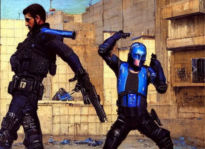 Image similar to Javier evades sgt Griggs. blue Cyberpunk hacker escaping Menacing Cyberpunk police trooper griggs wearing a combat vest. (dystopian, police state, Cyberpunk 2077, bladerunner 2049). Iranian orientalist portrait by john william waterhouse and Edwin Longsden Long and Theodore Ralli and Nasreddine Dinet, oil on canvas. Cinematic, vivid colors, hyper realism, realistic proportions, dramatic lighting, high detail 4k