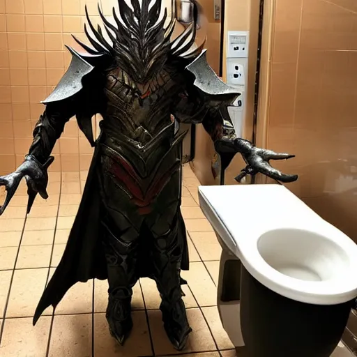 Prompt: candid Pic of Sauron the dark lord while pooping in the bathroom of a McDonalds restaurant