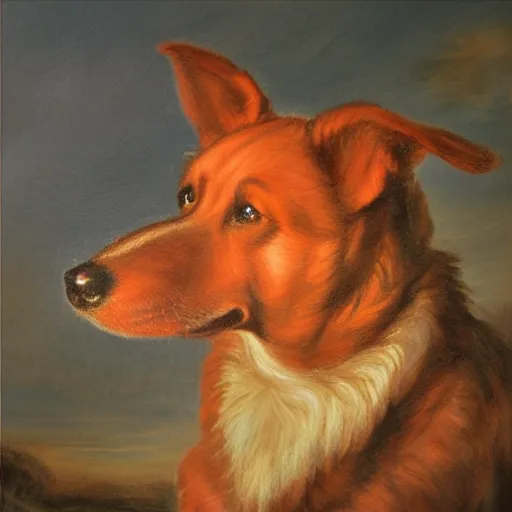 Image similar to A red dog portrait with big eyes and little ears laughing. in the art style of William Turner. Dramatic lighting, high resolution.