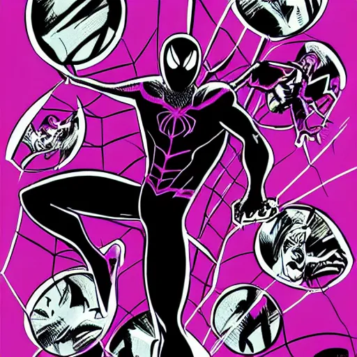 Image similar to black and purple spiderman drawn in comic book art style by steve ditko, 4 k digital art