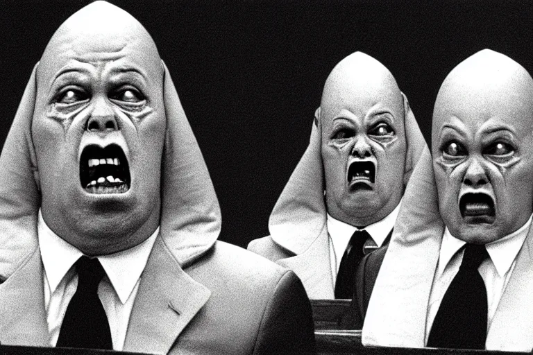 Image similar to crying coneheads testifying in court, detailed facial expressions