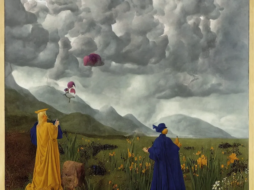 Image similar to albino mystic, with his back turned, looking at a storm over over the mountains in the distance, with beautiful exotic crane and iris flower. Painting by Jan van Eyck, Audubon, Rene Magritte, Agnes Pelton, Max Ernst, Walton Ford