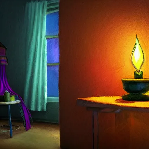 Image similar to a vivid bug with fringes of light and color enters a hostel room and lights a candle, fantasy art