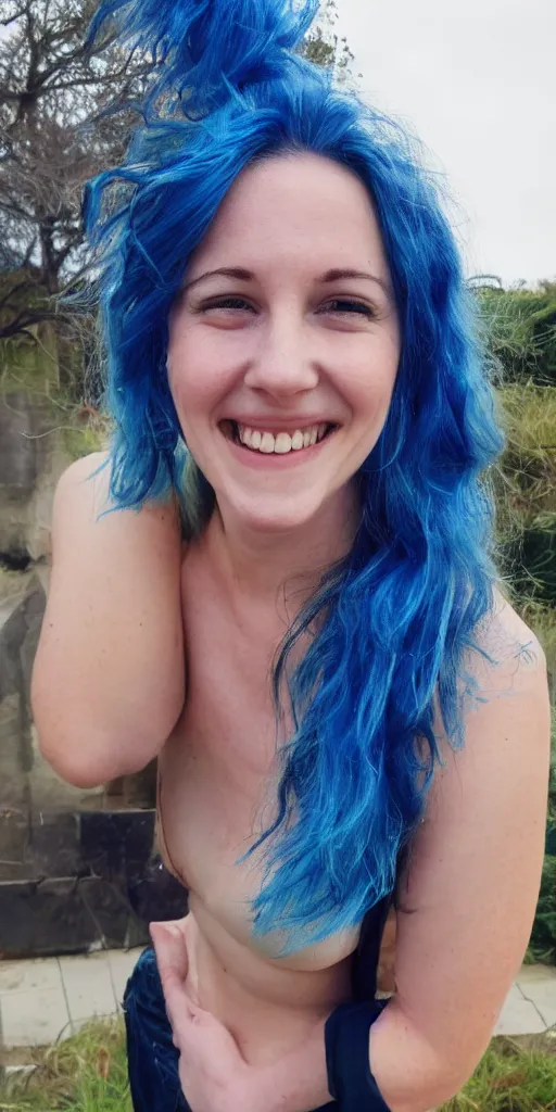 Prompt: emma wattson with blue hair smiling
