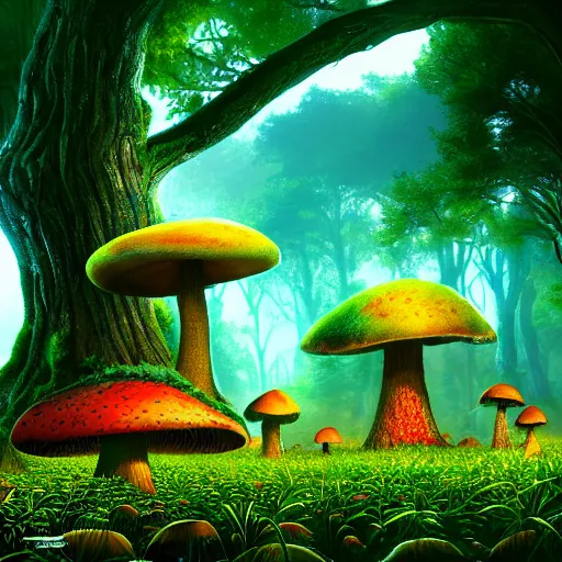 Prompt: giant mushroom forest, hyperrealistic, digital art, unreal engine, hyperdetailed, psychedelic, 4 k, 8 k, artstation, nature