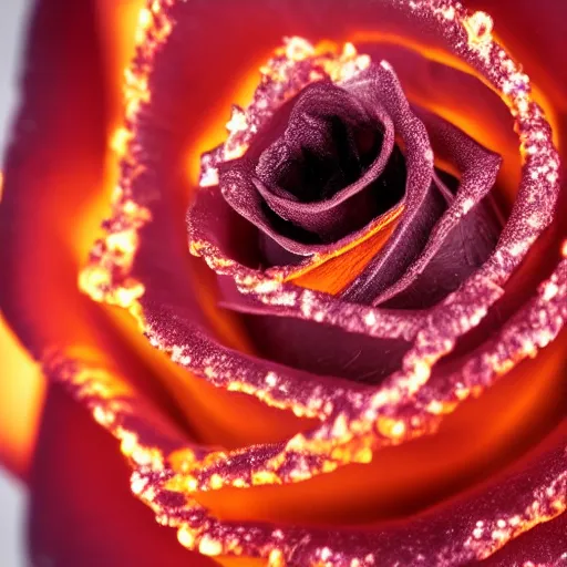 Image similar to award - winning macro of a beautiful black rose made of glowing molten magma