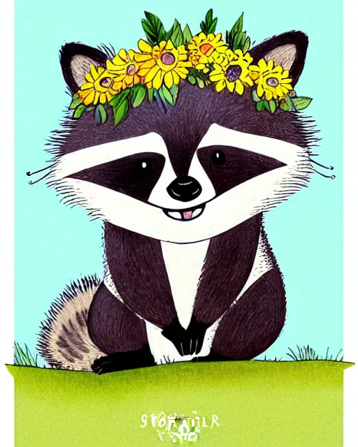 Prompt: a minimalist storybook illustration of a smiling happy cute raccoon wearing a flower crown, by antoine de saint - exupery and annabel kidston and naomi okubo and jean - baptiste monge. a child storybook illustration, muted colors, soft colors, low saturation, fine lines, white paper