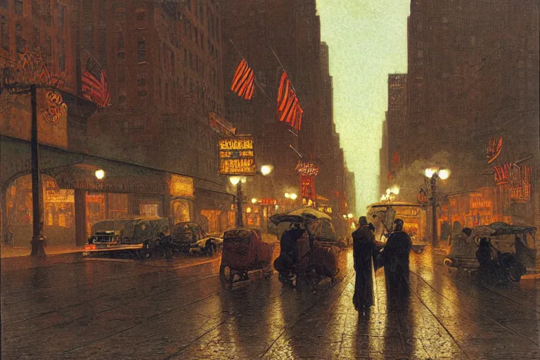 Image similar to painting of the streets of old new york at night, streetlights, raining, romantic, by ludwig deutsch and maxfield parrish, patterned tilework, extremely detailed, cinematic lighting, smooth sharp focus