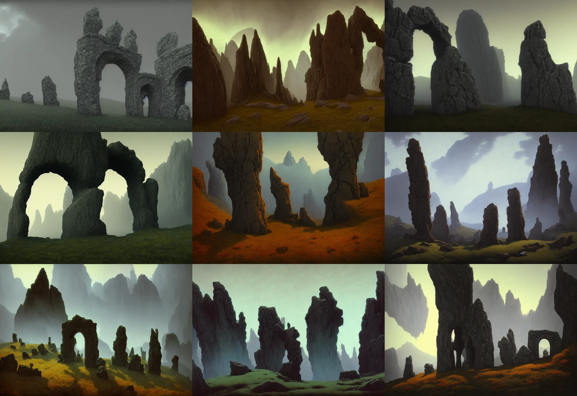 Prompt: long stone stepts. a gorgeous landscape painting of a lonely magnificent gothic gate to the hell above the long stepts, by barlowe wayne, maxfield parrish and marco mazzoni, 3 d, octane render, turbulent blood lake, fog, 8 k.