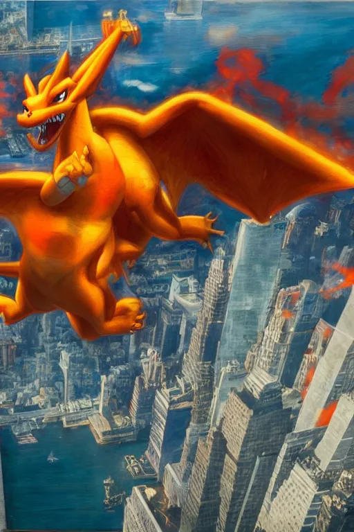 Image similar to charizard flying above new york, oil on canvas, intricate, 8 k highly professionally detailed, hdr, cgsociety