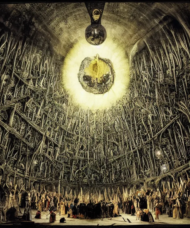 Prompt: mines of moria, khazad dum, halls of durin, middle earth, jrr tolkien, a bright orb of light in the center of a grand hall, outer edges fade into pitch black, creatures crawling out from the darkness toward the light, in the style of hieronymus bosch