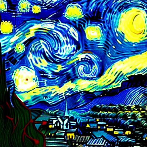 Prompt: starry night but as a badly edited image in photoshop