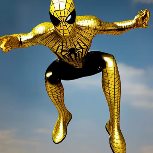 Image similar to gold spider - man suit with black web lining, cinematic, volumetric lighting, realistic, hyperdetailed, photorealistic, photograph