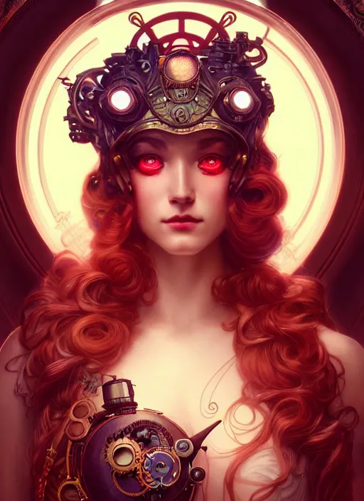 Image similar to the goddess artemis smirking, steampunk, glowing eyes, volumetric lights, red and cyan theme, art nouveau botanicals, intricate, highly detailed, digital painting, artstation, concept art, smooth, sharp focus, cinematic, illustration, beautiful face, art by artgerm and greg rutkowski and alphonse mucha