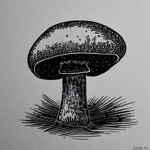 Image similar to a linocut engraving of an intelligent mushroom