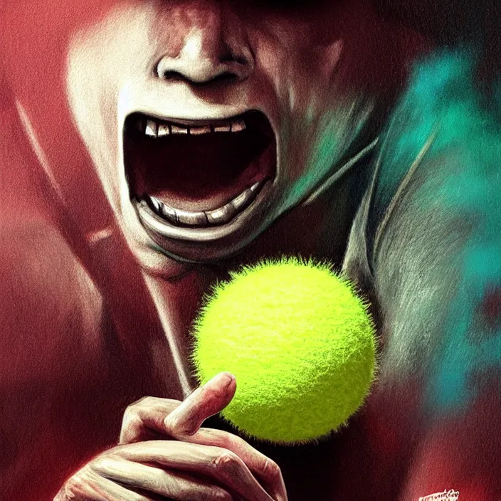 Image similar to cinematic portrait of a cute tennis ball monster stopped in time, chalk, masterpiece, trending on artstation, featured on pixiv, cinematic composition, dramatic pose, beautiful lighting, sharp details, hyper - detailed, hd, hdr, 4 k, 8 k, art by basil gogos