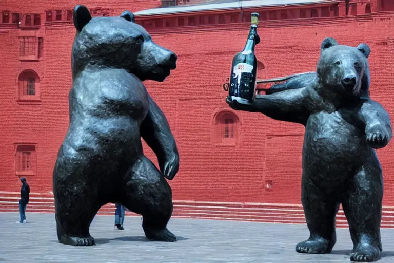 Image similar to a gigantic statue of bear holding a bottle of vodka in the middle of the red square, symmetry, awesome exposition, very detailed, highly accurate, 8 k, professional lighting diffracted lightrays, sense of awe