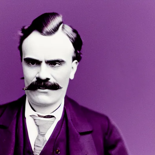 Image similar to friedrich nietzsche studio photography, purple background, smiling