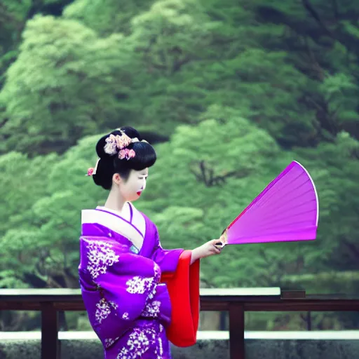 Image similar to Japanese geisha with beautiful violet paper fan, 4k photography, 30 mm lens, cinematic light, warm atmosphere, in style of Kar Wai Wong