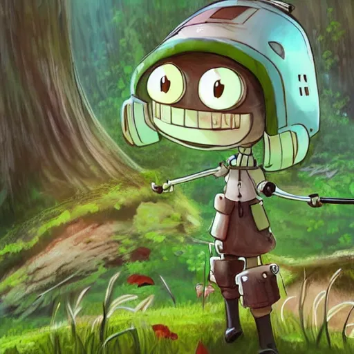 Prompt: cute robot with grass hair, tomato hat and a walking stick, trekking in a forest, made in abyss art style, standing on a forest