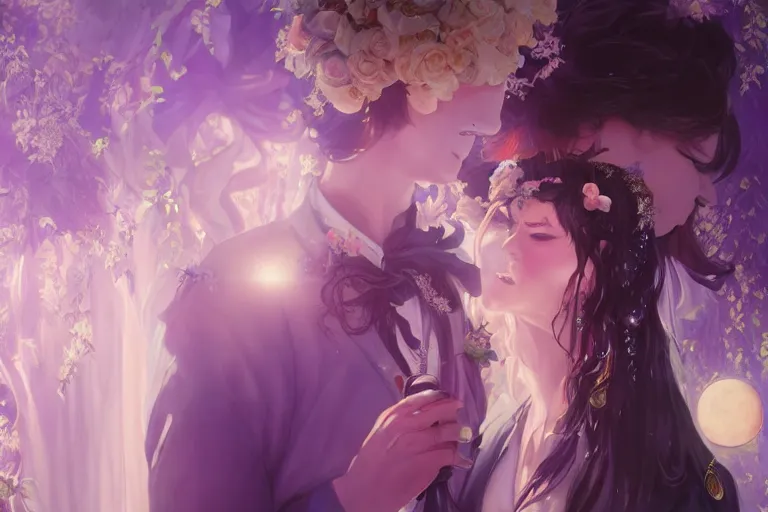 Image similar to a cinematic portrait of wedding photograph jpeg close up moment of a divine a japan sun god and moon goddess lovers magician at a wedding banquet. portraiture. digital painting. artstation. concept art. wedding photo. digital painting, 8 k realistic, hyper detailed, violet evergarden art masterpiece by art by krenz cushart