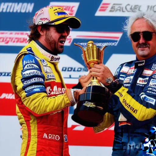 Image similar to high quality photograph of fernando alonso winning the formula 1 world championship together with flavio briatore