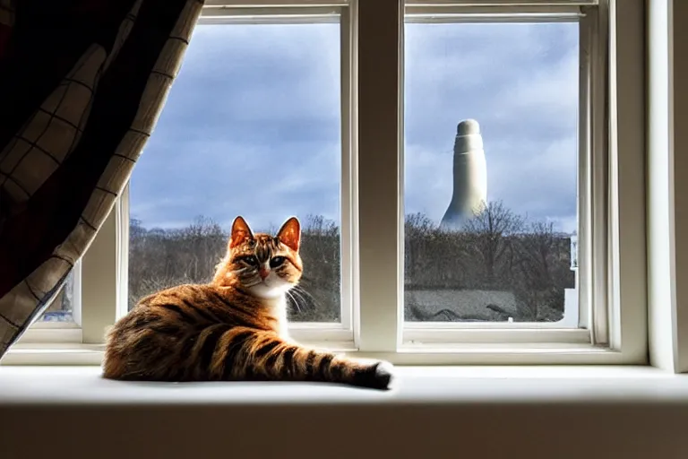 Image similar to cat sitting on the windowsill wrapped in a plaid plaid, Mushroom cloud far behind