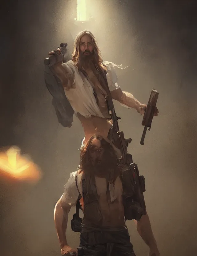 Image similar to jesus with a shotgun, cinematic lighting, highly detailed, concept art, art by wlop and artgerm and greg rutkowski, masterpiece, trending on artstation,