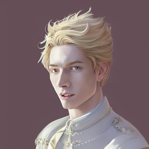 Image similar to A pregnant blond androgynous prince with closed eyes smiling, very detailed sharp angular pale white masculine face, (12x) extremely pale white skin, hooked nose and square jaw long fluffy curly blond hair, light blond hair, gorgeous, beautiful, intricate, highly detailed, digital painting, artstation, concept art, sharp focus, illustration, art by greg rutkowski and alphonse mucha